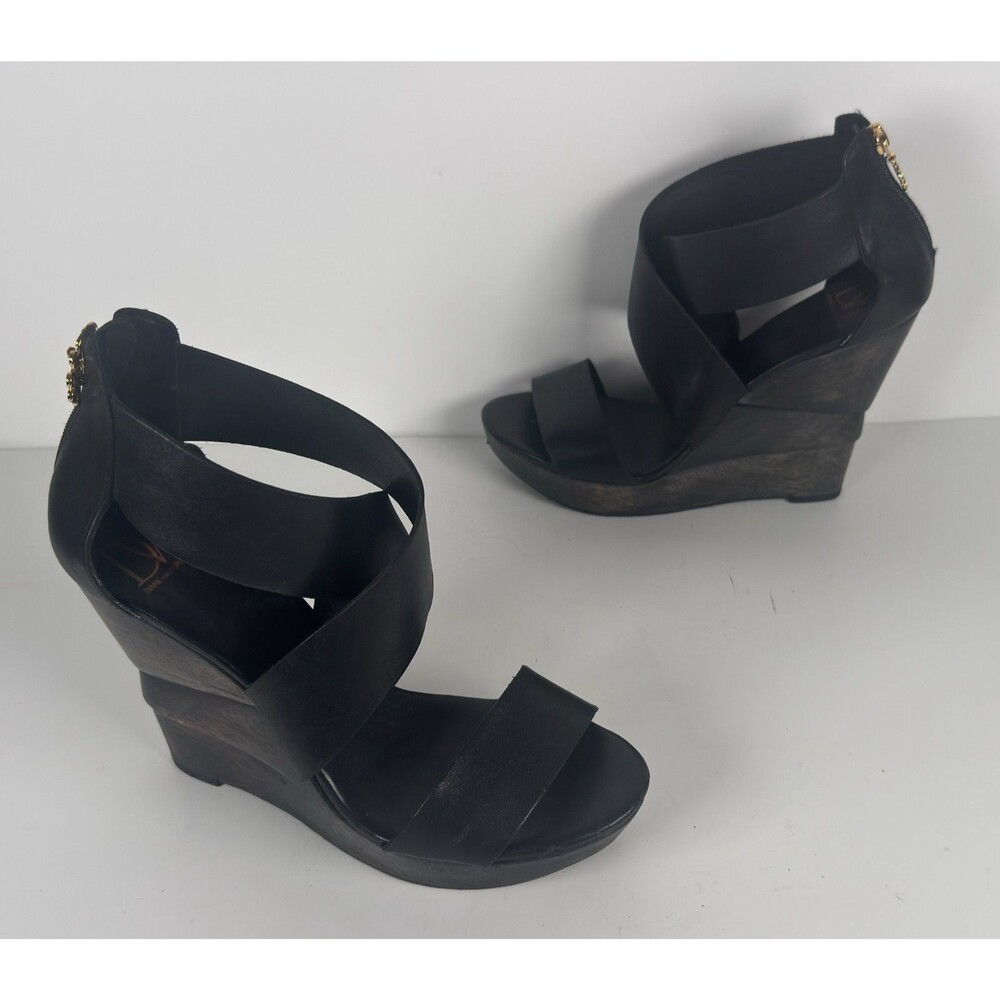 Diane von Furstenberg Black Leather Opal Crisscross Wedge Sandals Size 8.5M